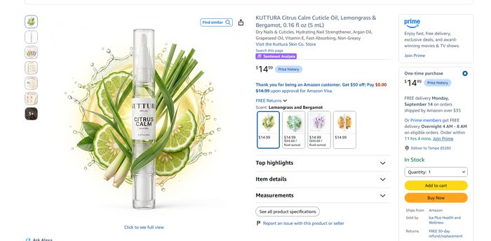 Citrus Calm live Amazon listing