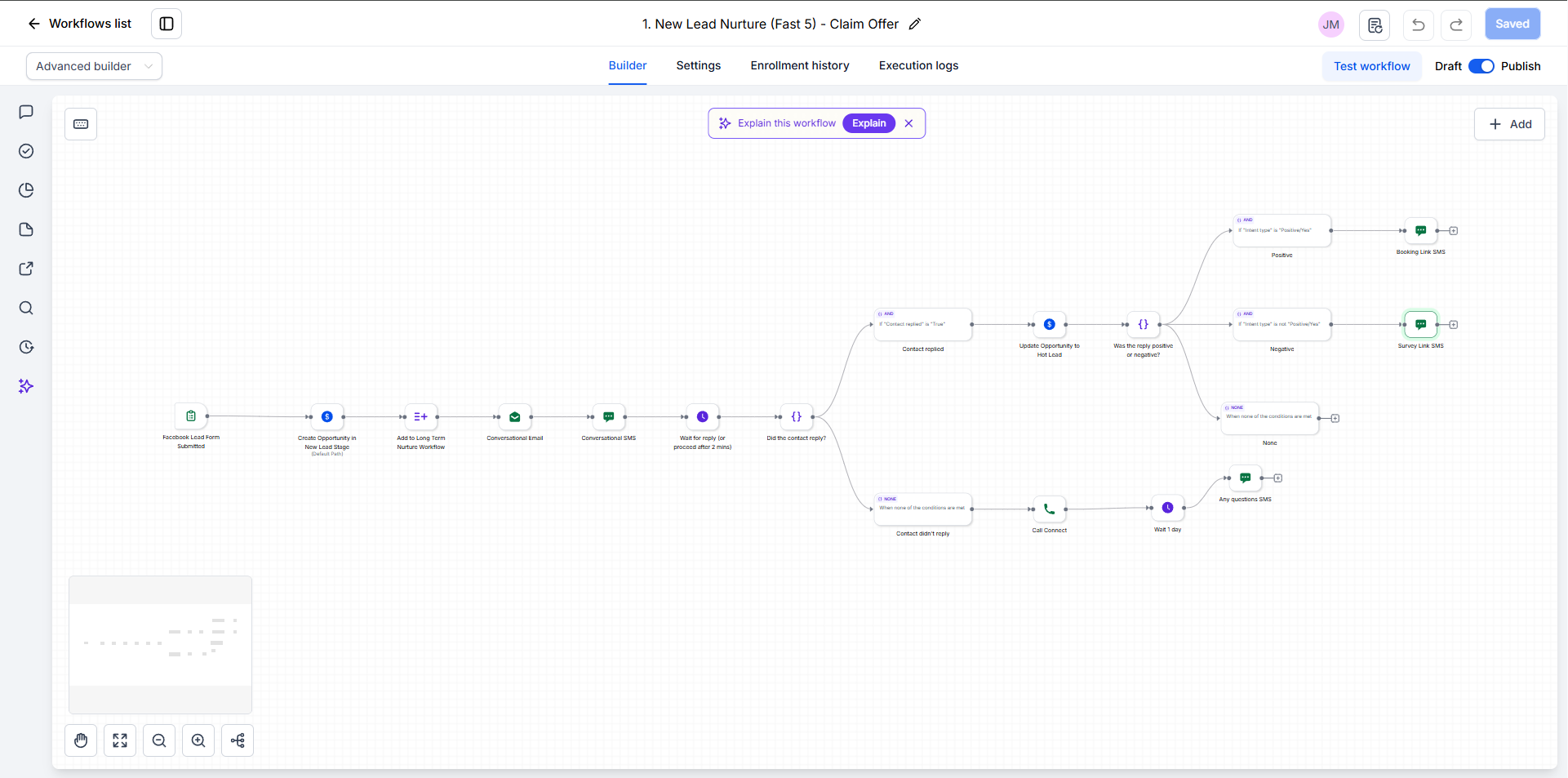 GoHighLevel New Lead Nurture workflow with reply branching