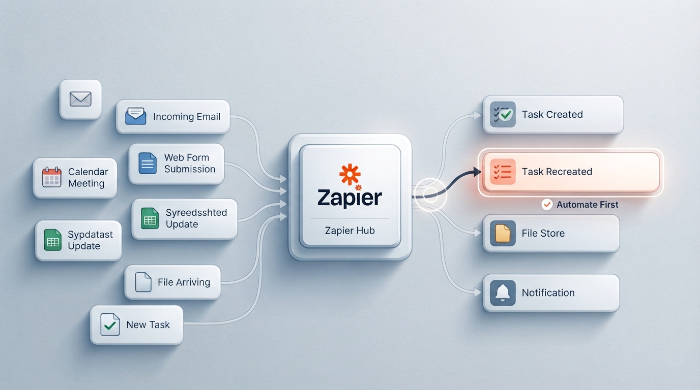 Diagram of Zapier connecting email, forms, calendar and spreadsheets to tasks, files and notifications